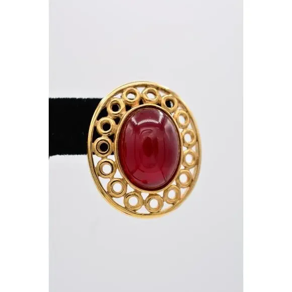 Givenchy Vintage Cabochon Earrings Red Oval Gold Chunky Signed Retro 1980s BinAZ - Picture 8 of 12